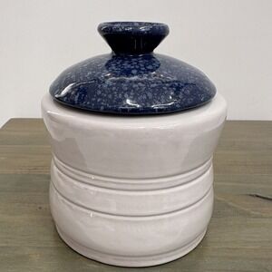 Vintage White W/ Blue Speckled‎ Lid Frankoma Pottery Canister 6" Tall Jar Crock